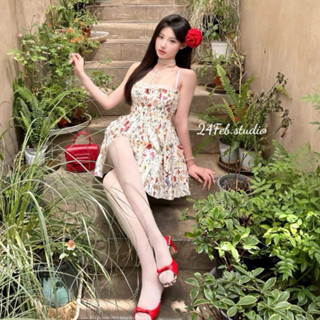 Váy hai dây hoa cúp ngực viền ren hở lưng dáng ngắn phong cách tiểu thư 24Febstudio VN86