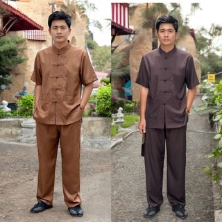 Đồ lam nam tay ngắn thêu túi vải linen ấn đồ lam đi chùa nam vải cao cấp