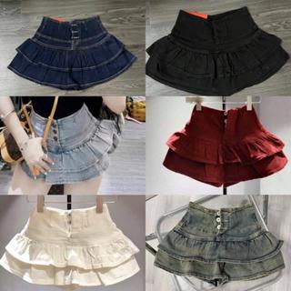  Chân váy jean nữ co dãn xoè tầng 3 nút cạp lưng cao có lót quần hotgirl SML 