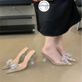 Guốc cao gót quai trong 7 phân, giày cao gót 9P gót ly đính hoa đá (hở mũi) sang chảnh Kimngân_KN183