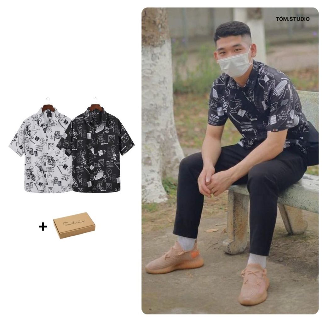 {Full Box} Áo Sơ Mi TÓM Nam họa tiết UNCOM ĐEN, vải lụa thoáng mát, không nhăn, form regulafit, áo sơ mi tay ngắn