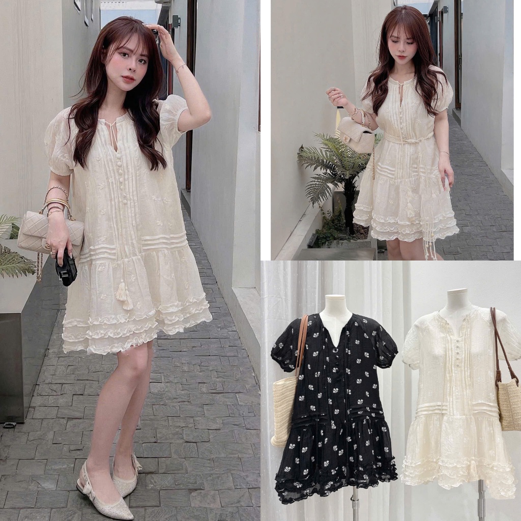 Váy Babydoll Tơ Nhăn Tay Bồng 2 Lớp Hoa Nhí 2 Màu Phối Bèo Dây Chuông Cúc Bọc Cao Cấp (Ảnh Thật Trải