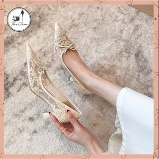 FORM TO- LÙI MỘT SIZE -Giày cao gót mũi nhọn lưới ren phối nơ tiểu thư nhẹ nhàng-6CM-THAO CLOVER-879-6