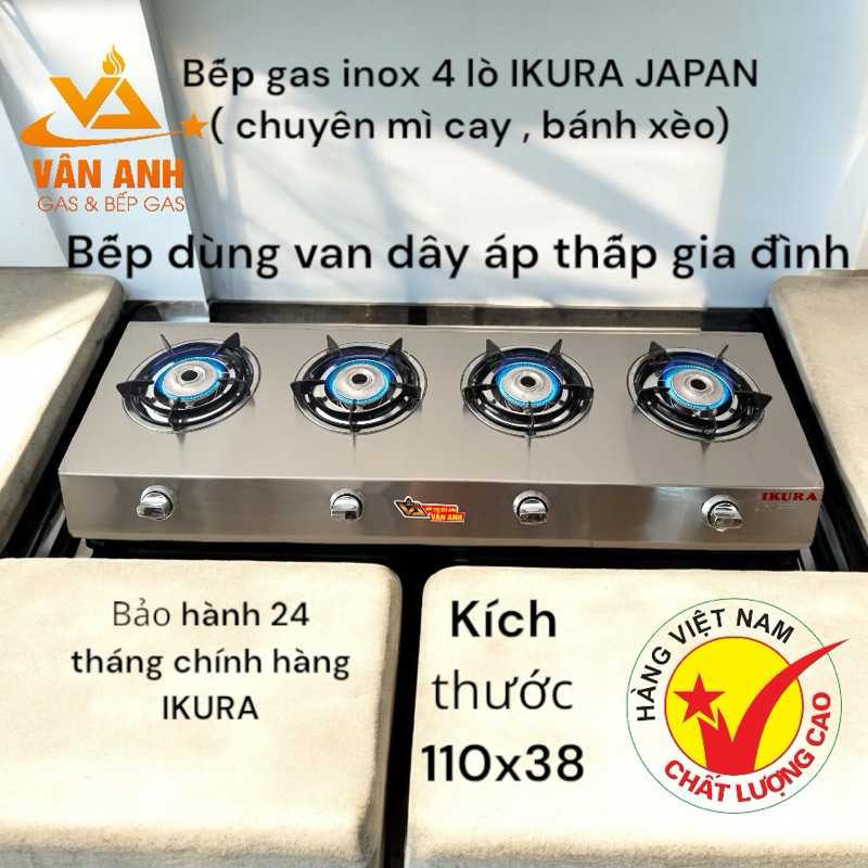 Bếp gas 4 lò mâm inox 304 IKURA JAPAN  (  dùng van dây gia đình ) bếp gas công nghiệp