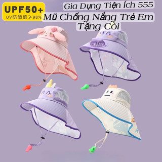 Mũ chống nắng vành rộng Trẻ Em tặng kèm còi, hoạ tiết hoạt hình dễ thương cho Bé từ 3-12 tuổi