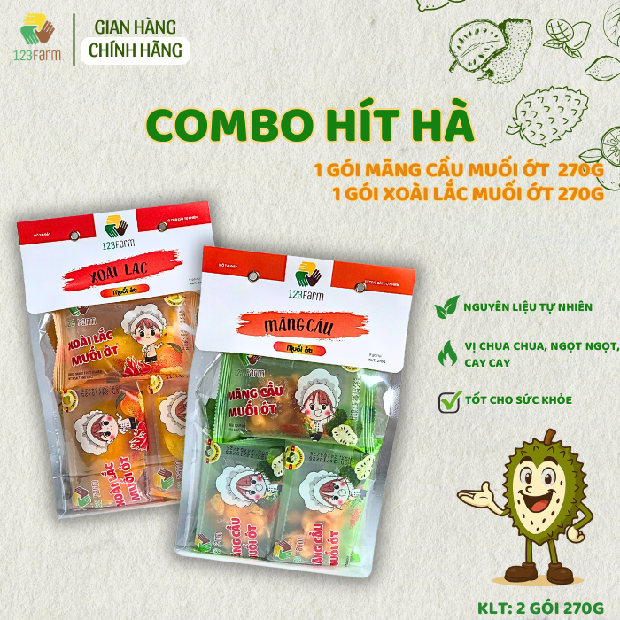Combo Hít Hà 123FARM - xoài lắc muối ớt & mãng cầu muối ớt - 2 gói 270g