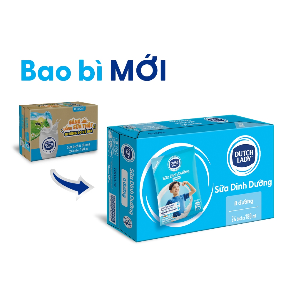 Thùng 24 bịch sữa nước Dutch Lady ít đường 180ml