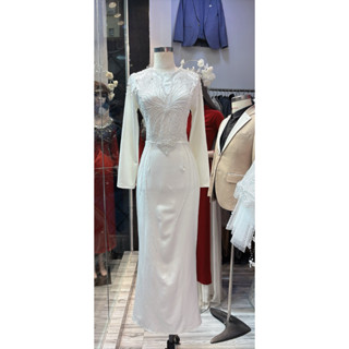   SALE SẴN HOẢ TỐC 2H ẢNH THẬT  ĐẦM DẠ HỘI VÁY CƯỚI ĐI BÀN CÔ DÂU LỤA CO GIÃN TRẮNG TAY DÀI KẾT FULL PHA LÊ CAO CẤP 