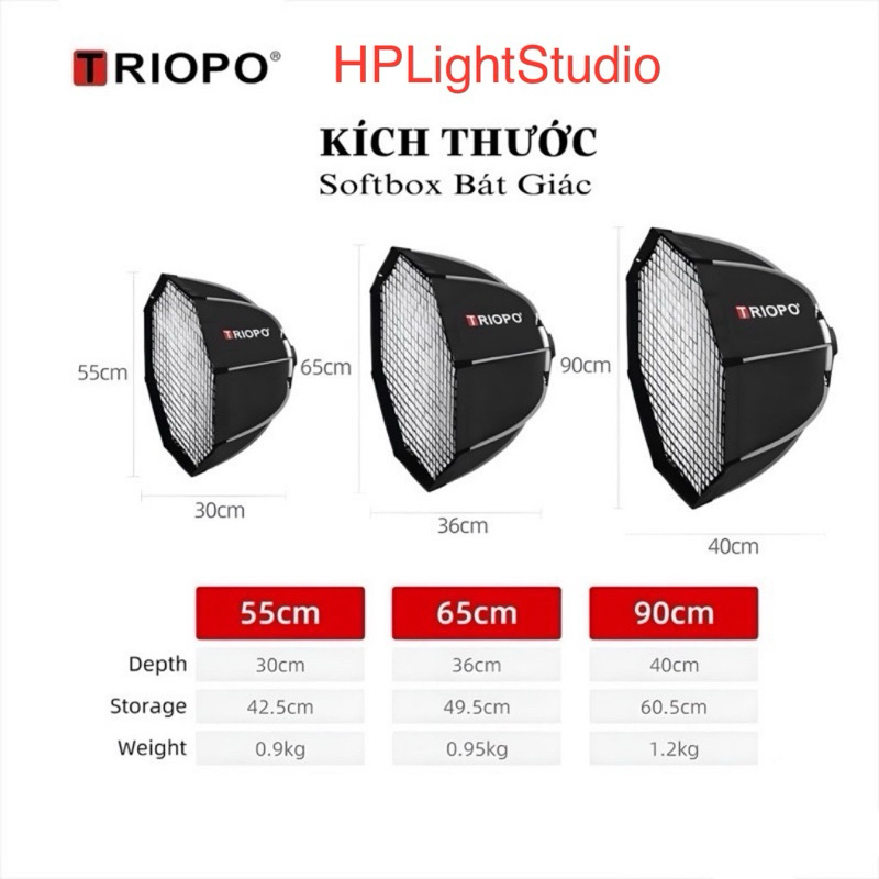 Softbox Thao Tác Nhanh Triopo K2 55, 65, 90 – Kèm Grid, Ngàm Bowen Cho Đèn Studio | HPLightStudio