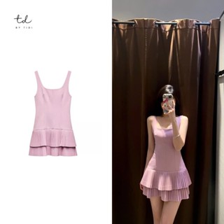 Váy đầm nữ Zara dáng ngắn dáng xòe chữ a xếp ly nhỏ 2 tầng sang chảnh váy hai dây bản to cổ vuông ôm body  BTD350