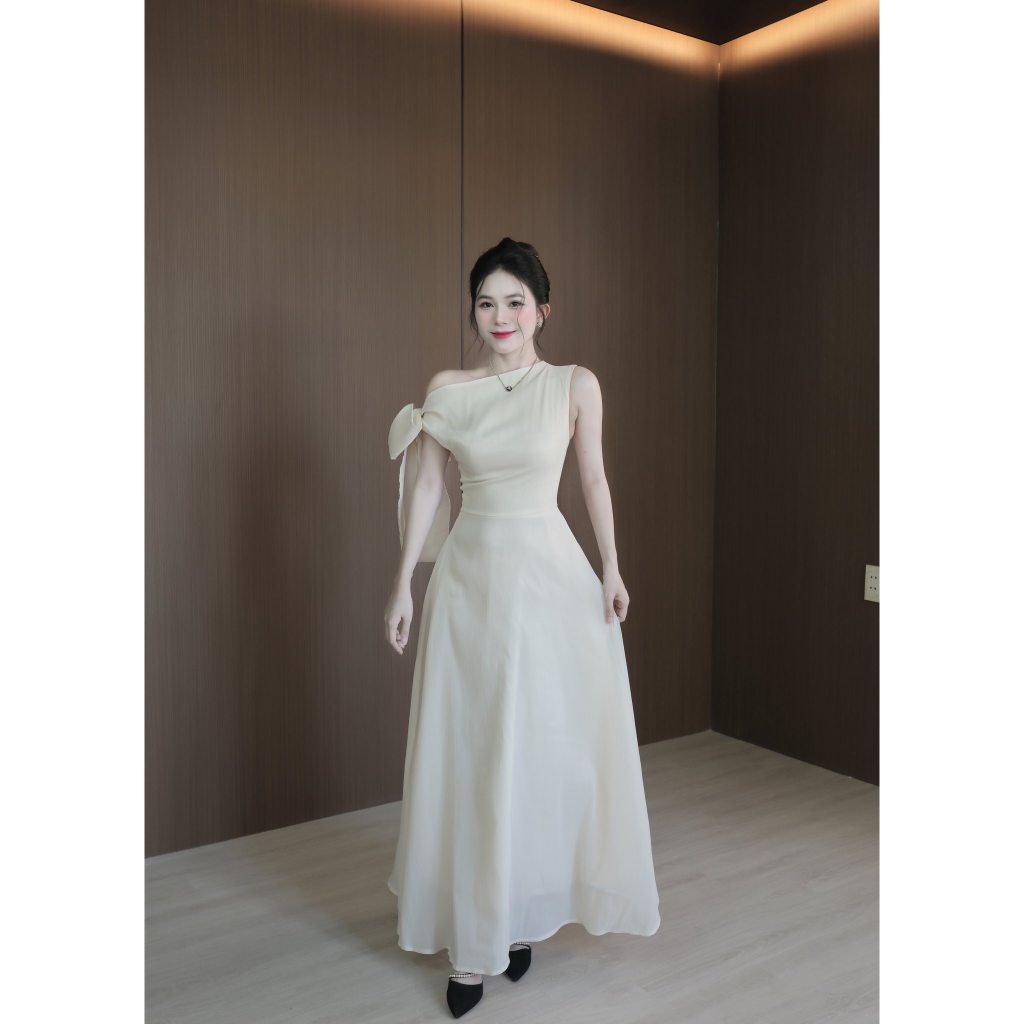 Đầm thiết kế dáng xoè lệch vai cột nơ bồng bềnh đầm đi tiệc sang trọng Simi Dress | BigBuy360 - bigbuy360.vn