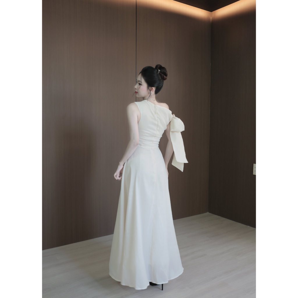 Đầm thiết kế dáng xoè lệch vai cột nơ bồng bềnh đầm đi tiệc sang trọng Simi Dress | BigBuy360 - bigbuy360.vn