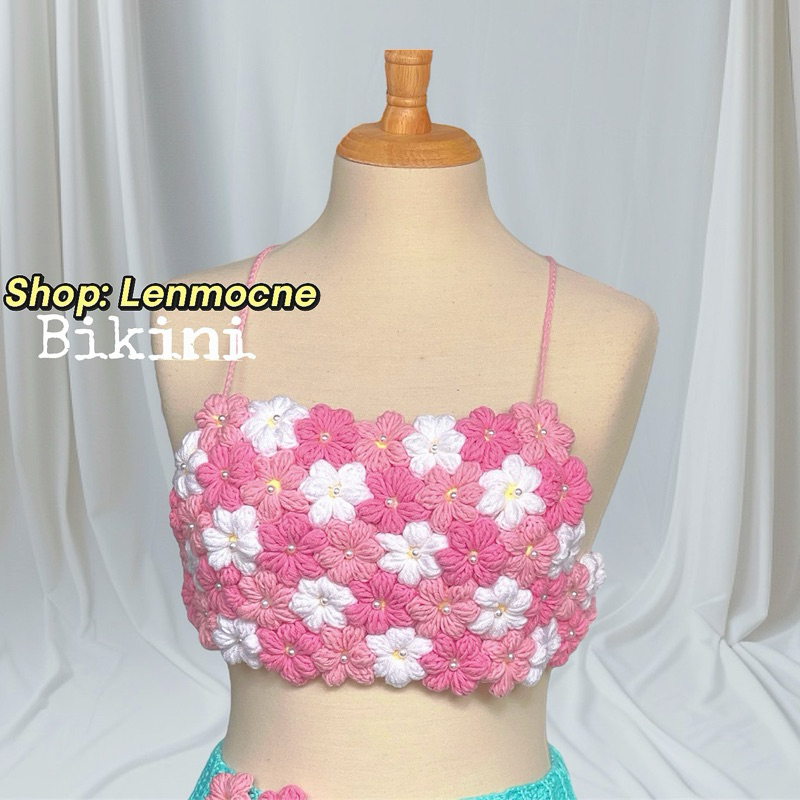 /loại 1/Áo Yếm Ghép Hoa Anh Đào Len Móc Thủ Công - áo hoa kết len hồng mix màu pastel - áo hoa nối -