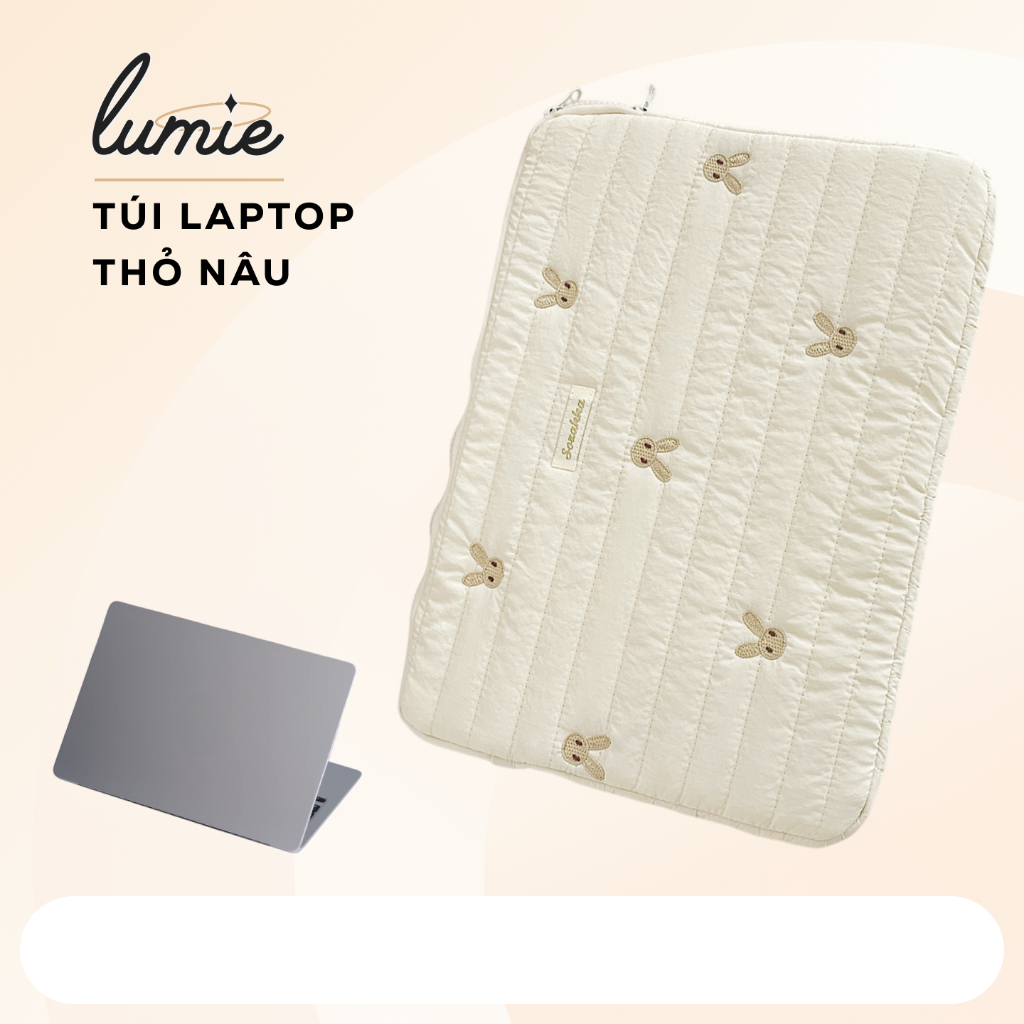 Túi Đựng Laptop Máy Tính Bảng Ipad 11/14/15.6 Inch Chống Sốc Chần Bông Màu Pastel Thêu Thỏ Nâu