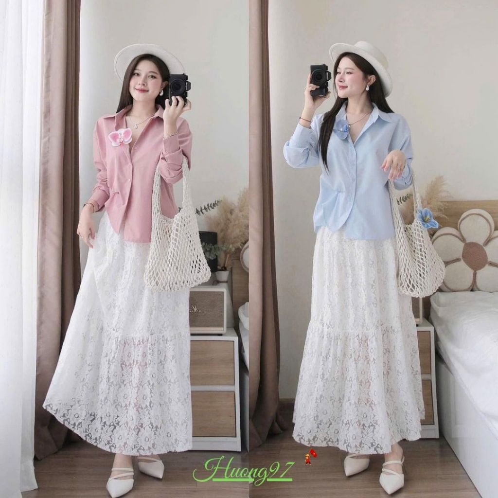 Set đồ nữ áo sơ mi dài tay phối chân váy ren chuẩn dáng tiểu thư Huong97.store A68
