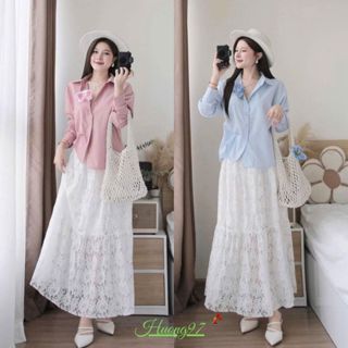 Set đồ nữ áo sơ mi dài tay phối chân váy ren chuẩn dáng tiểu thư Huong97.store A68