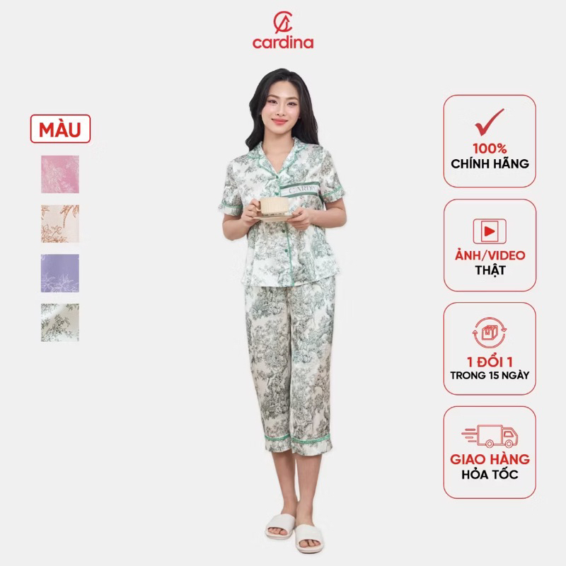 5PCL06 Bộ pijama nữ CARDINA chất liệu lụa satin lửng phối ren thoáng mát basic 5PCL06
