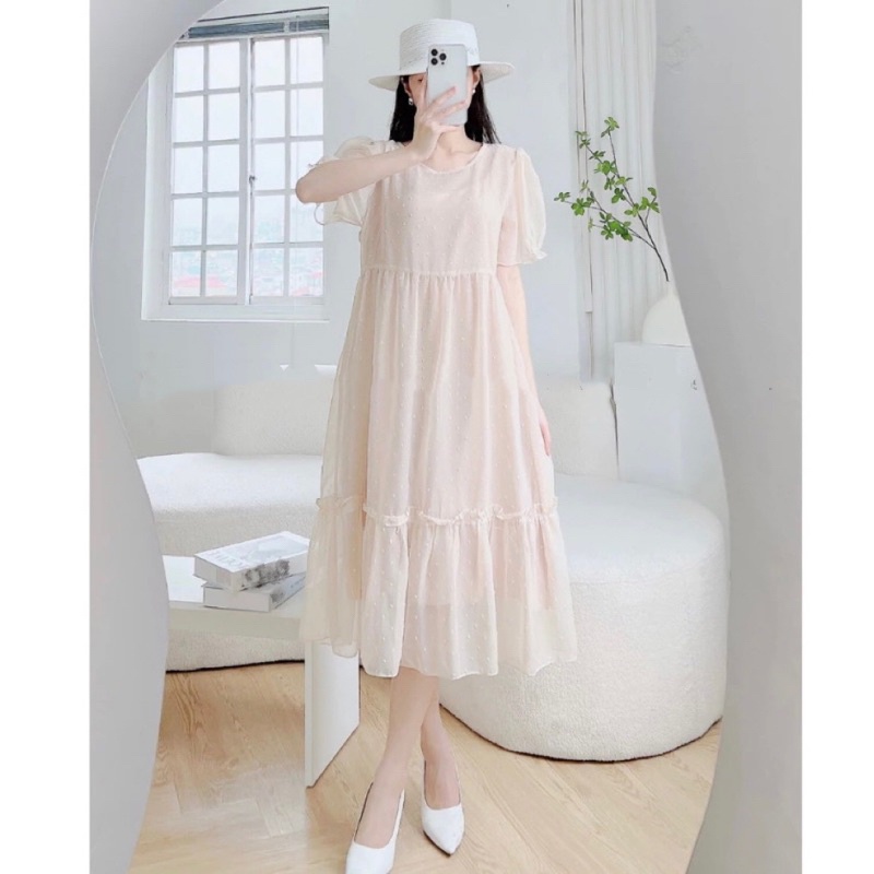 Váy babydoll dáng dài, Đầm babydoll tay ngắn màu trắng chất tơ 2 lớp phong cách ulzzang Hàn Quốc siê