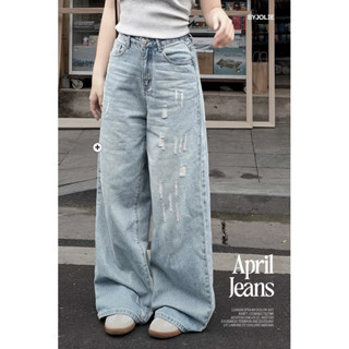 Quần jeans ống rộng form suông APRIL JEANS eo cao rách xanh nhạt By Jolie Byjolievn