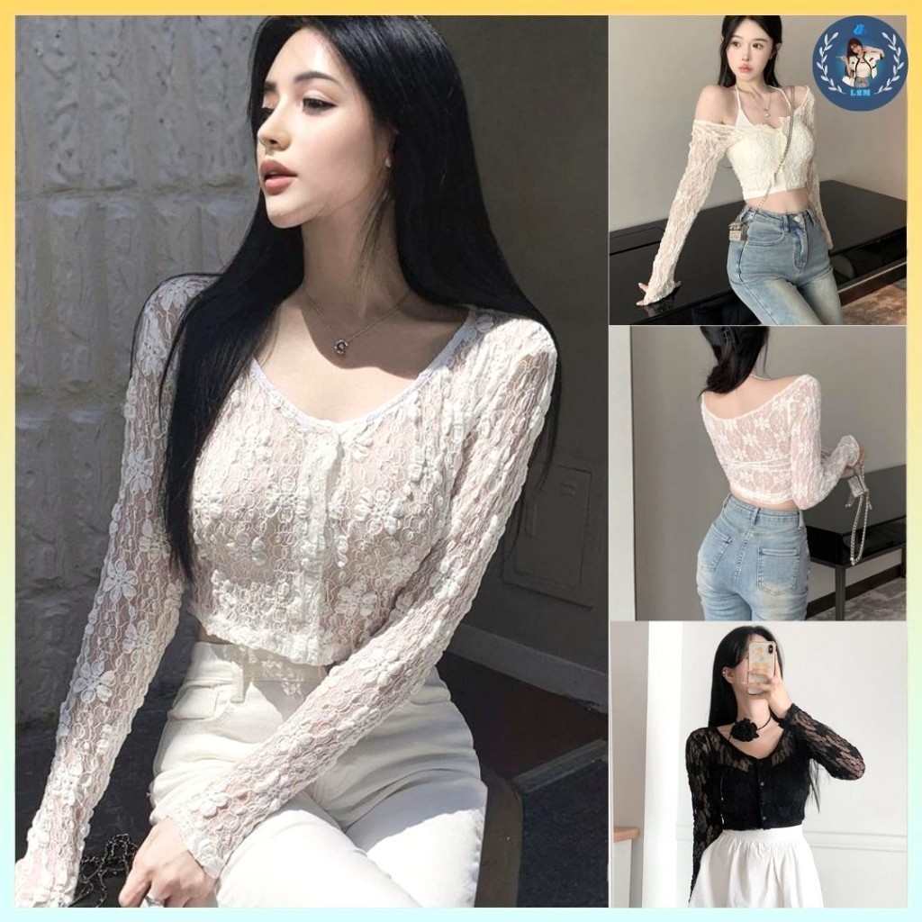 💥[A420] Áo khoác nữ mỏng nhẹ REN HÌNH HOA CROPTOP phối NÚT mềm mại ôm dáng xinh xắn - L2M