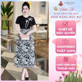 Váy đầm thiết kế dáng dài, đầm maxi công sở cổ tròn phối hoa bướm chiết eo tôn dáng thanh lịch - Linh Chi House M4519