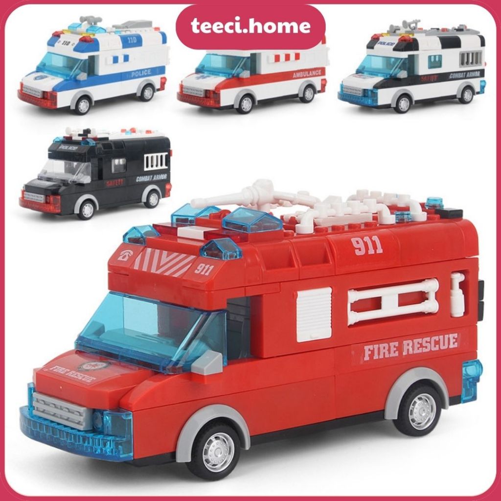 Xe Ô Tô Chạy Đà Lắp Ráp Logo Xe Cứu Hỏa Cảnh Sát Cứu Thương Phát Nhạc Cao Cấp U410