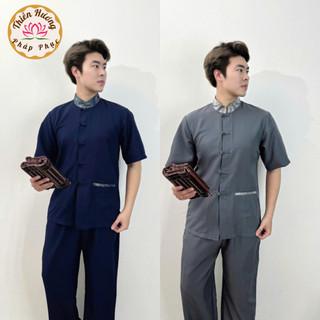 Bộ đi chùa nam cổ tàu vải đũi hàn Pháp phục đi chùa nam cổ phối gấm Đồ lam đi chùa nam cộc tay mặc lễ tết đũi mềm mát