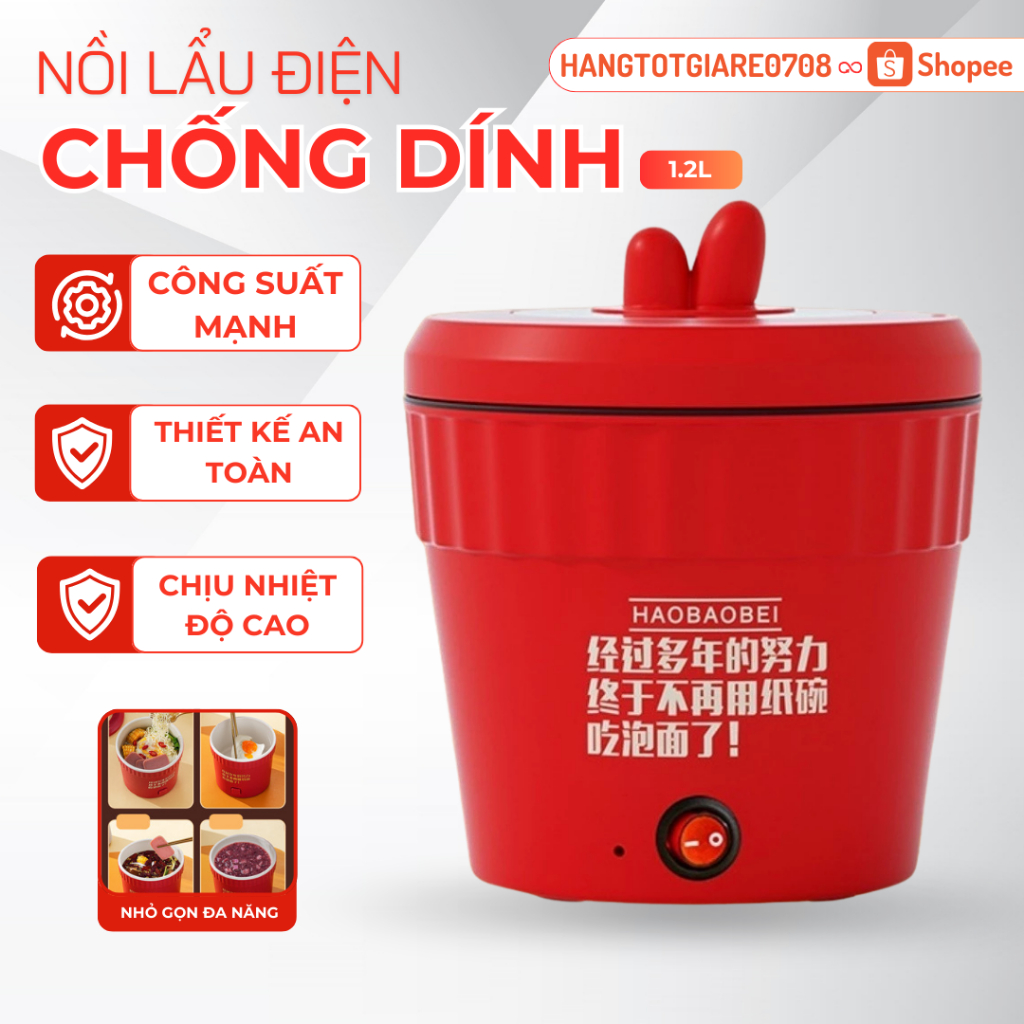 Nồi lẩu điện mini - bát điện, cốc lẩu đa năng có chống dính 1l, công suất 500w nấu lẩu, mì, chiên, cháo