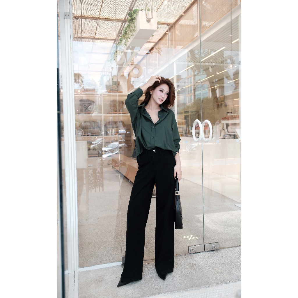 Áo sơ mi nữ GILLEE dáng oversized, sơ mi form rộng vải kate lụa xanh rêu FAS291 | BigBuy360 - bigbuy360.vn