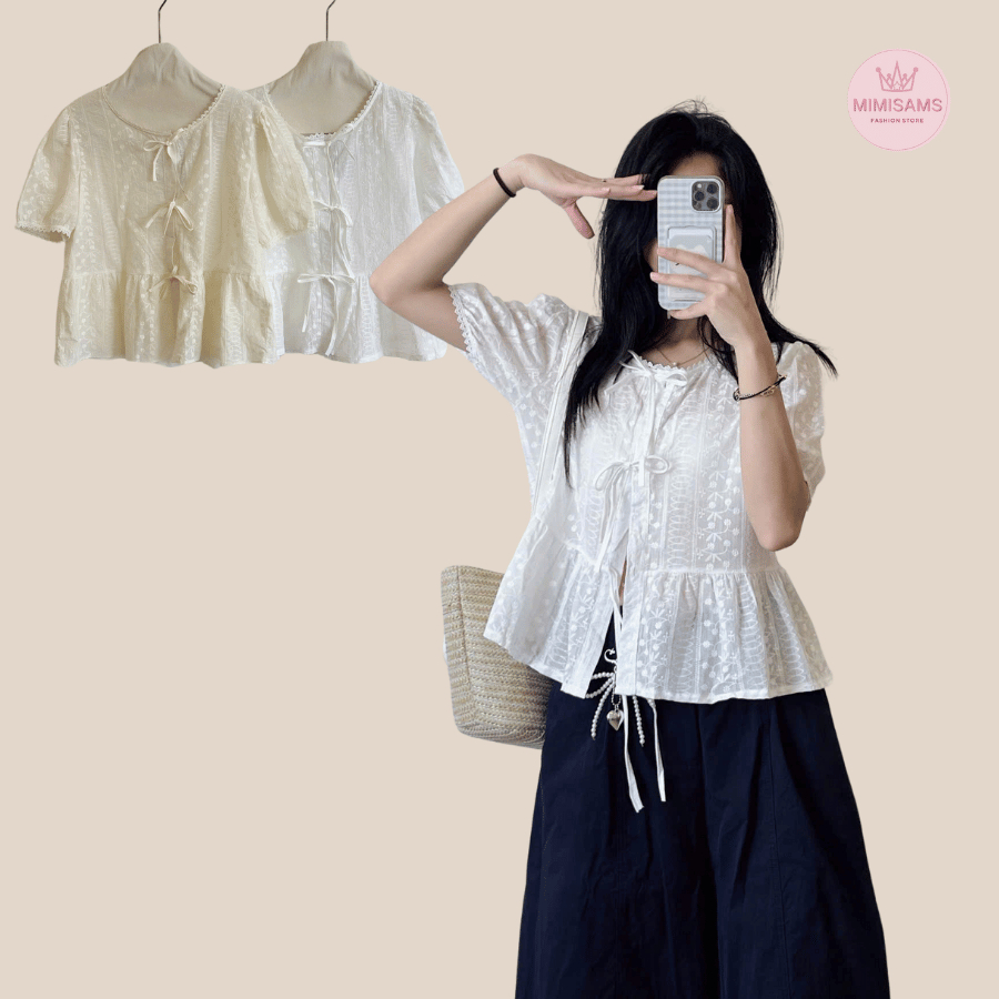 Áo sơ mi MIMISAMS nữ babydoll ren thêu trắng, nhẹ nhàng bánh bèo, Áo sơ mi babydoll nữ tay ngắn