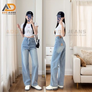 Quần jean dài nữ ống suông, cạp quần cao túi thêu gấu nơ kiểu xinh xắn ADO JEANS (DG)