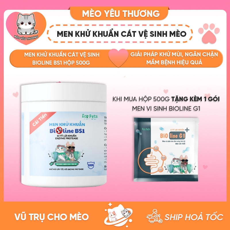 [Tặng 1 gói men BioLine G1] Men khử khuẩn Bioline BS1 Ecopets Hộp 500g giúp khử mùi hôi cát, ngăn vi
