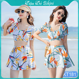 Bộ bơi 2 mảnh nữ thời trang, áo croptop vai bèo & quần váy điệu xinh, lưng trần cách điệu sexy, thun bơi co giãn | KT181