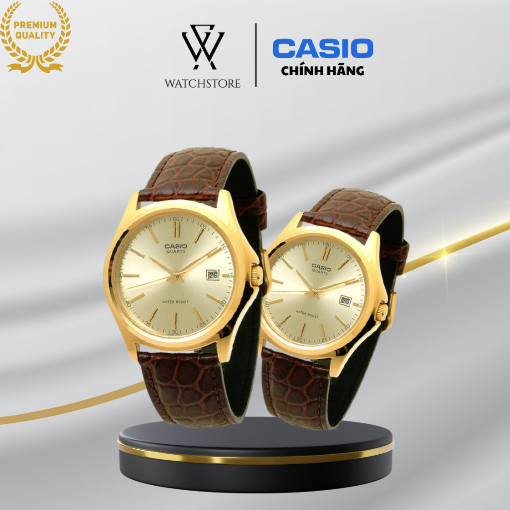 Đồng Hồ Đôi 1183Q-9ADF Màu Vàng Dây Da Mặt Kính Khoáng Chống Nước Chính Hãng