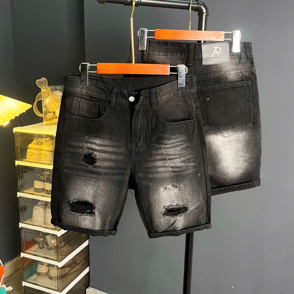 Quần short jean nam ngang gối xanh rách chất jean cotton quần jean nam ngắn mã QSJN177