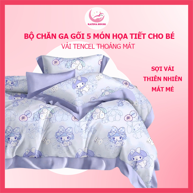 Bộ Ga Gối 5 Món Tencel mềm mát Katina House, họa tiết trẻ em, thoáng mát thấm hút tốt