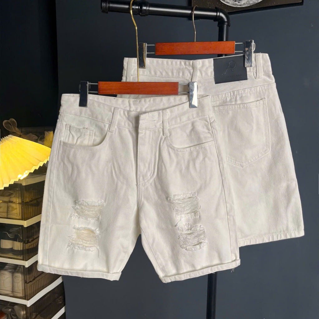 Quần short jean nam boy phố chất jean cotton cao cấp trắng rách bụi bặm QS7A250A