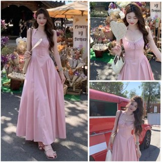 Đầm Váy Nữ Cổ Yếm Phối Viền Ren Thắt Nơ Xinh Chiết Eo Maxi Dáng Xòe Tone Hồng Baby Nhẹ Nhàng Đi Biển
