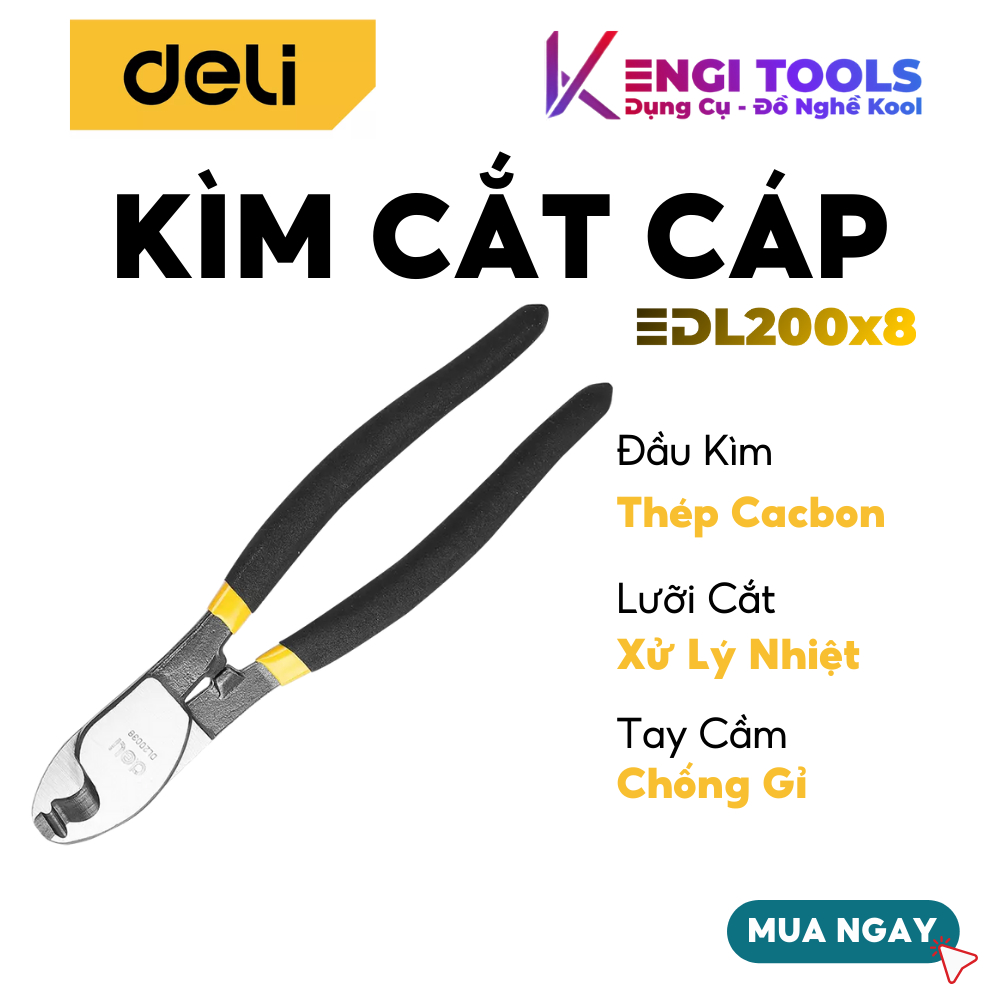 [Hàng Chính Hãng] Kìm Cắt Cáp Deli 6-8-10 Inch - Lưỡi Cắt Xử Lý Nhiệt Cắt Ngọt, Tay Cầm Chống Gỉ