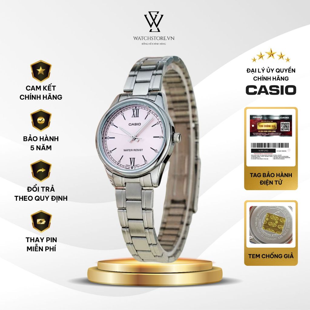 Đồng Hồ Nữ Casio LTP-V005D-4B2UDF Màu Hồng Kim Bạc Dạ Quang Mặt Kính Khoáng 28mm Chống Nước Dây Da K