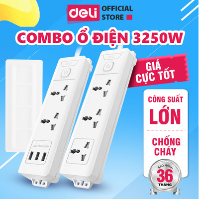 [COMBO DEAL HỜI] Ô Cắm Điện DELI Công Suất Lớn 3250W Ổ Điện Đa Năng Chịu Tải Cao Sạc USB Tiết Diện Dây Đồng Lớn