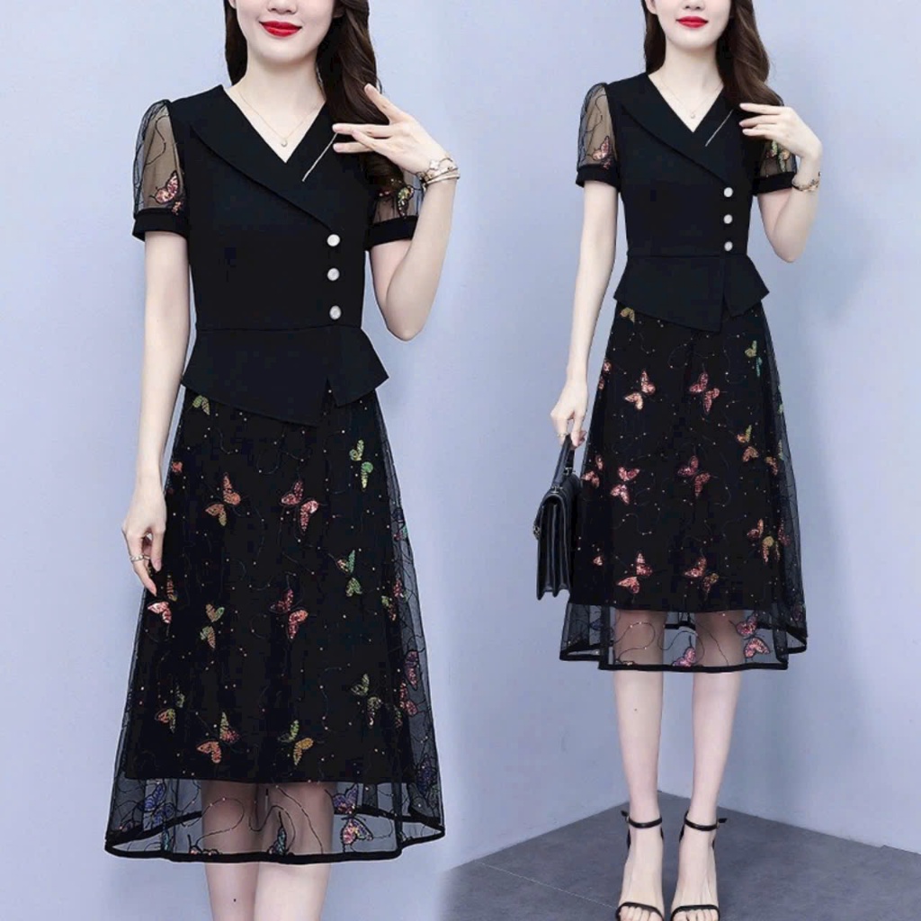 Đầm Nữ Cổ Vets Phối Lưới Kiểu Dáng Thanh Lịch Thời Trang Sang Chảnh