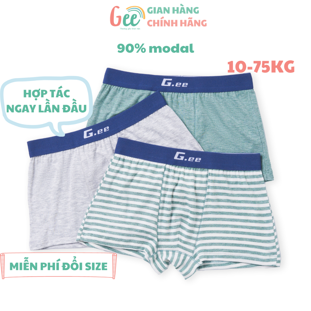 Quần lót bé trai Gee, set 3 quần sịp, chip bé trai dáng đùi, tam giác 10-75kg, vải sợi tre, sợi sồi mềm mát, co giãn