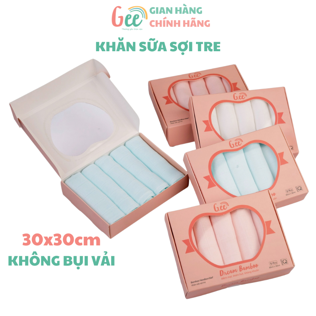 Khăn sữa Gee cho bé, set 5 khăn sợi tre/muslin cho bé sơ sinh, không bụi vải, mềm mịn, thấm hút, kháng khuẩn, an toàn