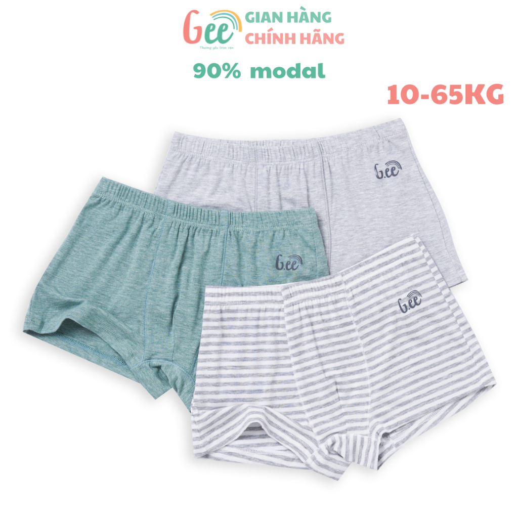 Set 3 quần lót đùi bé trai Gee XÁM CHUN NHỎ, 10-75kg, quần sịp boxer vải sợi sồi mềm mịn, thấm hút, kháng khuẩn - S7