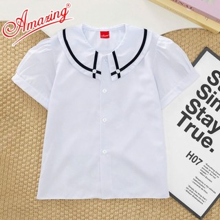 Áo trắng cổ lá sen cho bé gái đi học, vải KT silk hút mồ hôi, thiết kế viền xanh xinh xắn, Amazing
