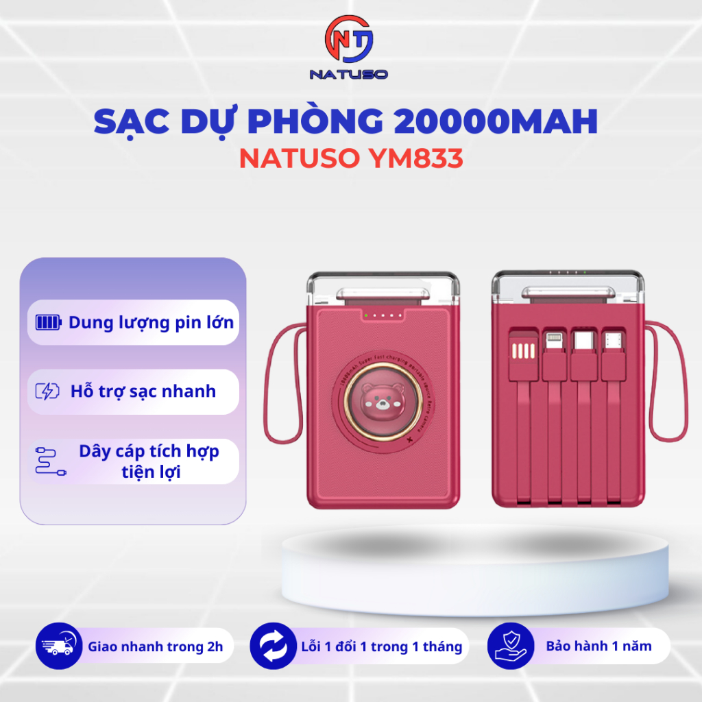  Pin Sạc dung lượng 20000mah 10000mah mini sạc nhiều điện thoại - Natuso YM833 