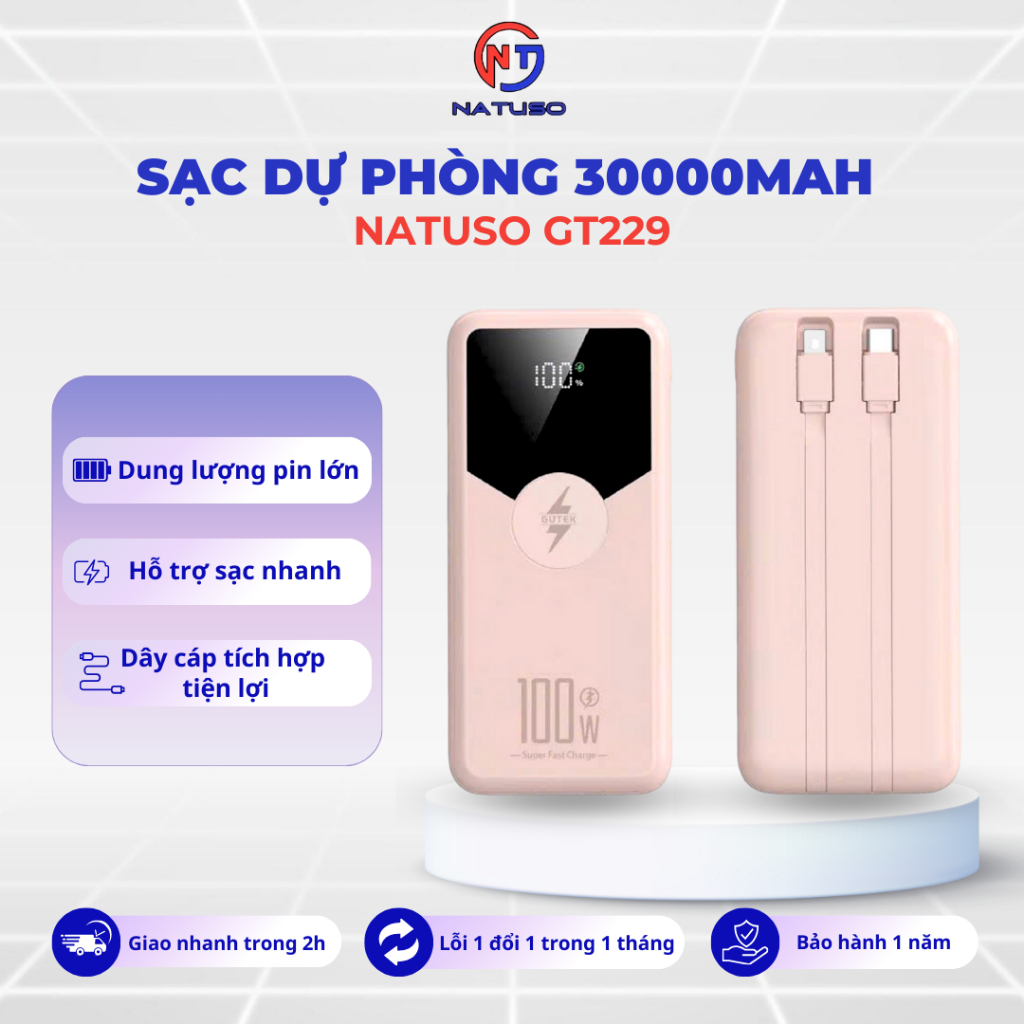 Pin Sạc dung lượng 30000mAh Natuso GT229 sạc nhanh 100W tích hợp dây cáp cho điện thoại