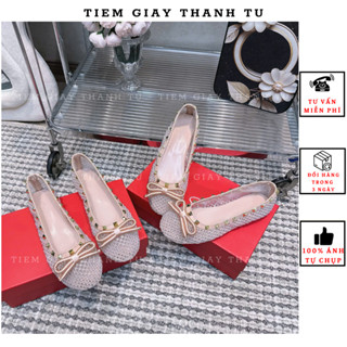  Giày  2024-8 búp bê  nữ đế bệt lưới mũi tròn viền đinh phối nơ  hàng QC fullbox 