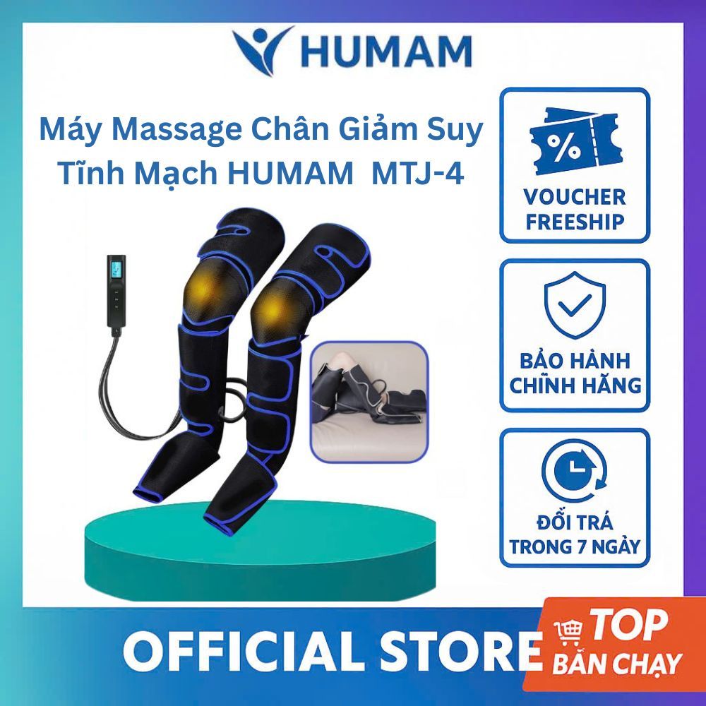 Máy Massage Chân Bắp Chân Khí Nén HUMAM MTJ-4 | 3 Chế Độ Áp Suất + Nhiệt Trị Liệu Đầu Gối 55°C | Giãn Tĩnh Mạch